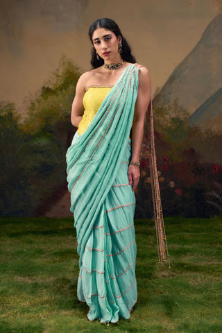 Aqua Blue Chiffon Saree with Braided Tassels and Lime Green Corset