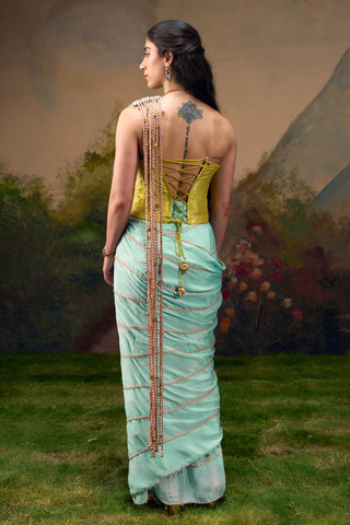 Aqua Blue Chiffon Saree with Braided Tassels and Lime Green Corset
