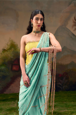 Aqua Blue Chiffon Saree with Braided Tassels and Lime Green Corset