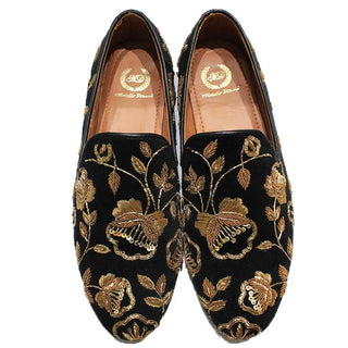 Black golden flora slip-ons