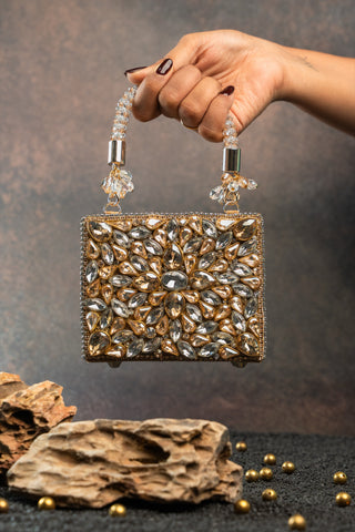 Silver gold diamond casket mini bag, front view, by Nayaab by Sonia at Mrs. G