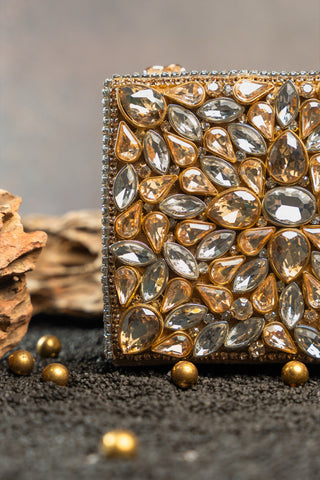 Silver gold diamond casket mini bag, close-up detail, by Nayaab by Sonia at Mrs. G