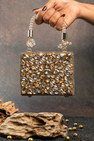 Silver gold diamond casket statement bag, front view, by Nayaab by Sonia at Mrs. G