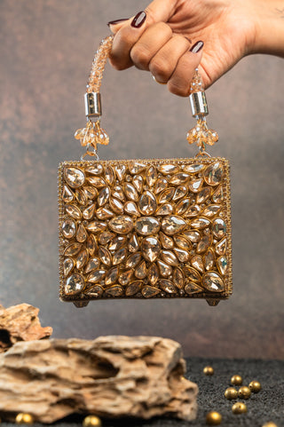 Gold diamond casket statement bag, front view, by Nayaab by Sonia at Mrs. G