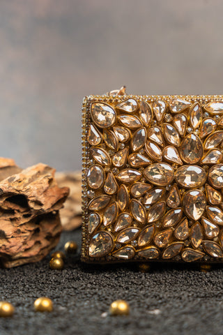 Gold diamond casket statement bag, close-up detail, by Nayaab by Sonia at Mrs. G