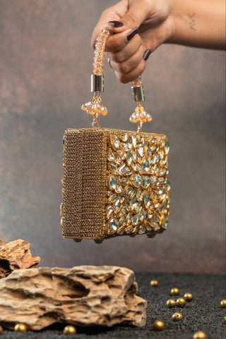 Gold diamond casket statement bag, view 3, by Nayaab by Sonia at Mrs. G