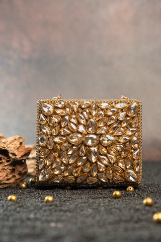 Gold diamond casket statement bag, view 4, by Nayaab by Sonia at Mrs. G