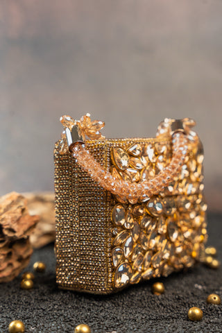 Gold diamond casket statement bag, view 5, by Nayaab by Sonia at Mrs. G