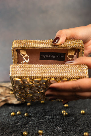 Gold diamond casket statement bag, view 6, by Nayaab by Sonia at Mrs. G