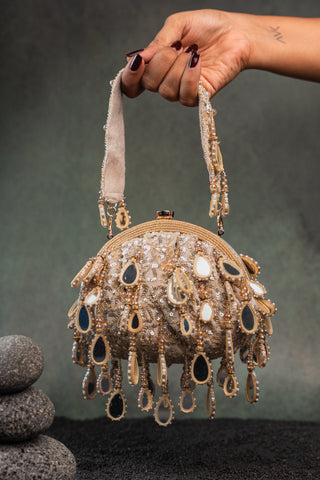 Gold aaina clutch, front view, by Nayaab by Sonia at Mrs. G