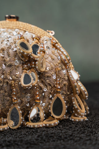 Gold aaina clutch, close-up detail, by Nayaab by Sonia at Mrs. G