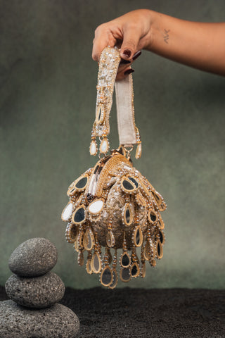 Gold aaina clutch, view 3, by Nayaab by Sonia at Mrs. G