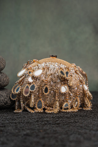 Gold aaina clutch, view 4, by Nayaab by Sonia at Mrs. G