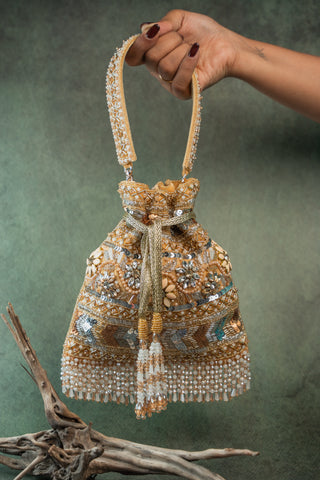 Gold imperial medley potli, front view, by Nayaab by Sonia at Mrs. G