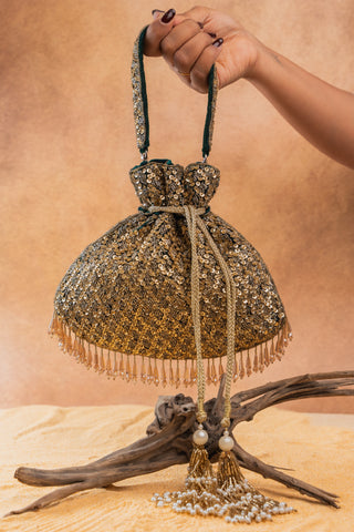 Gold shimmer viel antique potli, front view, by Nayaab by Sonia at Mrs. G