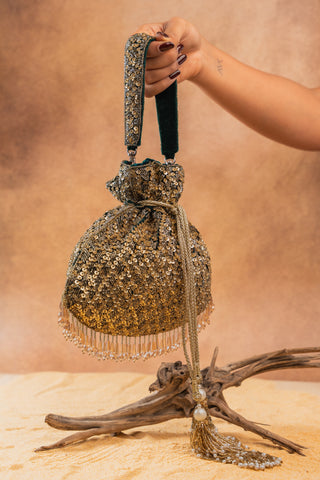 Gold shimmer viel antique potli, view 3, by Nayaab by Sonia at Mrs. G