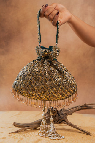 Gold shimmer viel antique potli, view 4, by Nayaab by Sonia at Mrs. G