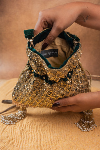 Gold shimmer viel antique potli, view 7, by Nayaab by Sonia at Mrs. G