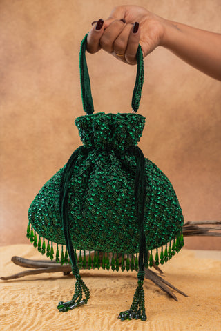 Green shimmer viel emerald potli, front view, by Nayaab by Sonia at Mrs. G