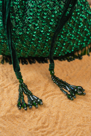 Green shimmer viel emerald potli, close-up detail, by Nayaab by Sonia at Mrs. G