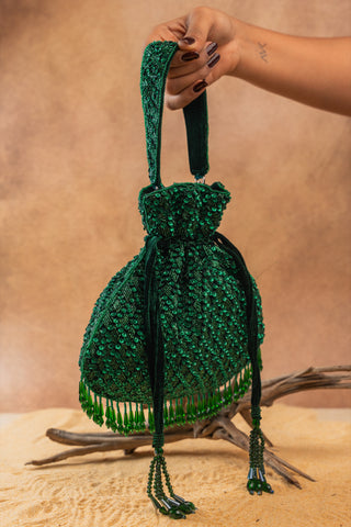 Green shimmer viel emerald potli, view 3, by Nayaab by Sonia at Mrs. G