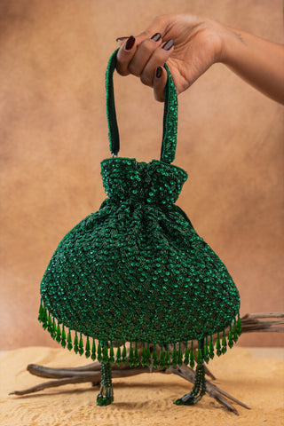 Green shimmer viel emerald potli, view 4, by Nayaab by Sonia at Mrs. G