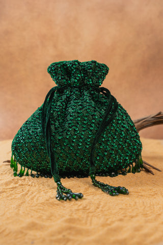 Green shimmer viel emerald potli, view 5, by Nayaab by Sonia at Mrs. G