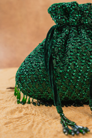 Green shimmer viel emerald potli, view 6, by Nayaab by Sonia at Mrs. G