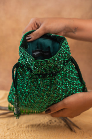 Green shimmer viel emerald potli, view 7, by Nayaab by Sonia at Mrs. G