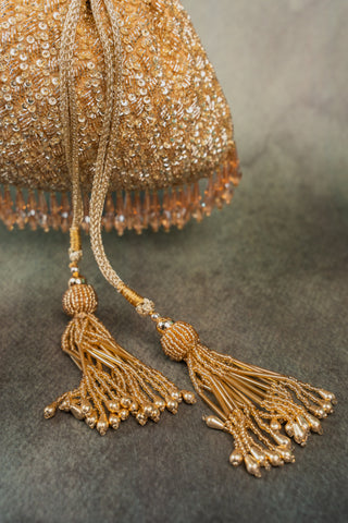 Gold shimmer viel potli, close-up detail, by Nayaab by Sonia at Mrs. G