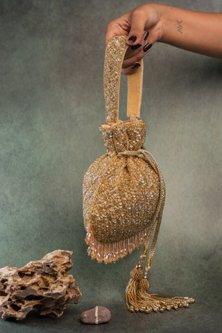 Gold shimmer viel potli, view 3, by Nayaab by Sonia at Mrs. G