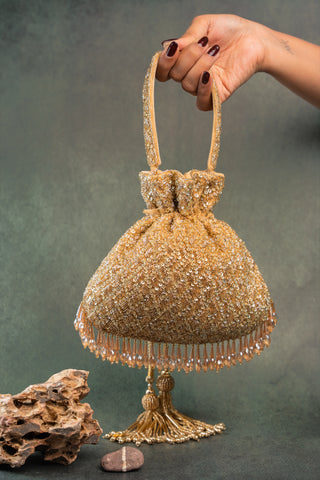 Gold shimmer viel potli, view 4, by Nayaab by Sonia at Mrs. G