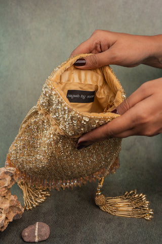 Gold shimmer viel potli, view 5, by Nayaab by Sonia at Mrs. G