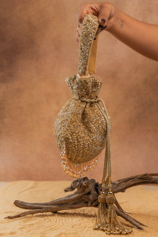 Gold shimmer viel potli, view 7, by Nayaab by Sonia at Mrs. G