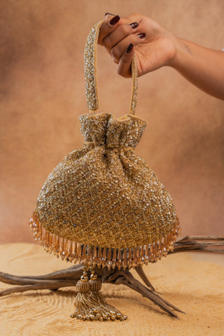 Gold shimmer viel potli, view 8, by Nayaab by Sonia at Mrs. G