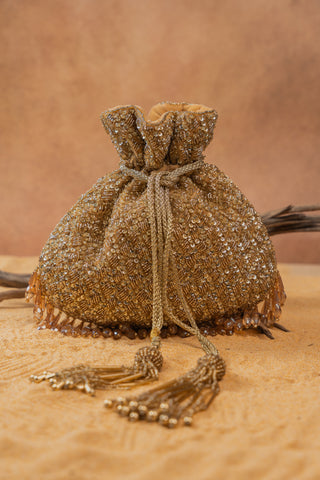 Gold shimmer viel potli, view 9, by Nayaab by Sonia at Mrs. G
