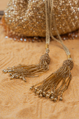 Gold shimmer viel potli, view 10, by Nayaab by Sonia at Mrs. G