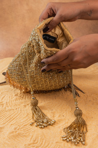 Gold shimmer viel potli, view 12, by Nayaab by Sonia at Mrs. G