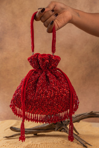 Red shimmer viel potli, front view, by Nayaab by Sonia at Mrs. G