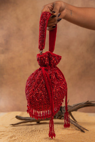Red shimmer viel potli, view 3, by Nayaab by Sonia at Mrs. G