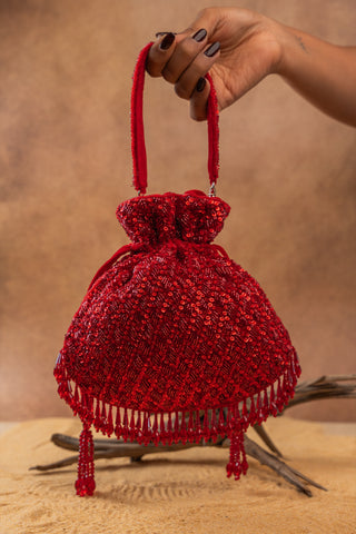 Red shimmer viel potli, view 4, by Nayaab by Sonia at Mrs. G