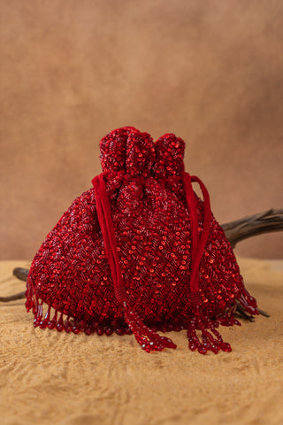 Red shimmer viel potli, view 5, by Nayaab by Sonia at Mrs. G
