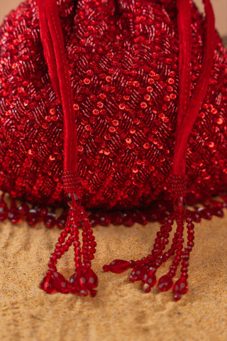 Red shimmer viel potli, view 6, by Nayaab by Sonia at Mrs. G