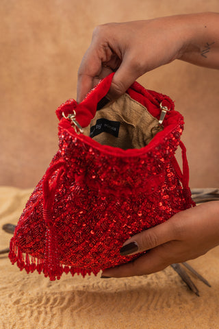 Red shimmer viel potli, view 7, by Nayaab by Sonia at Mrs. G