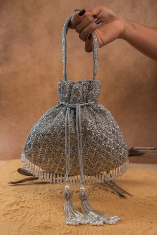 Silver shimmer viel potli, front view, by Nayaab by Sonia at Mrs. G