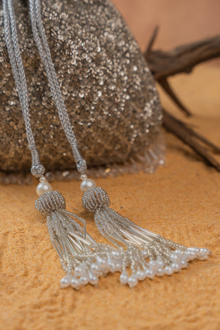 Silver shimmer viel potli, close-up detail, by Nayaab by Sonia at Mrs. G