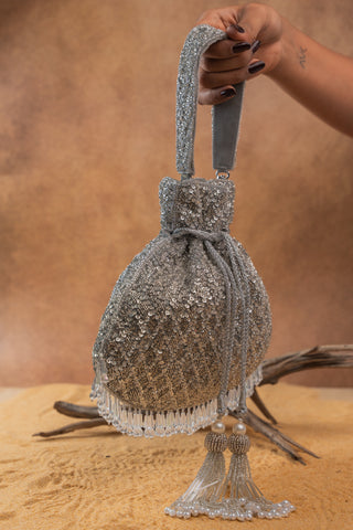 Silver shimmer viel potli, view 3, by Nayaab by Sonia at Mrs. G