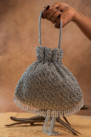 Silver shimmer viel potli, view 4, by Nayaab by Sonia at Mrs. G