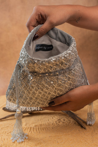 Silver shimmer viel potli, view 7, by Nayaab by Sonia at Mrs. G