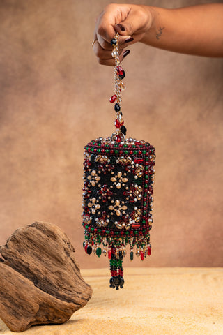 Maroon empress boshkeh cylinder bag, front view, by Nayaab by Sonia at Mrs. G